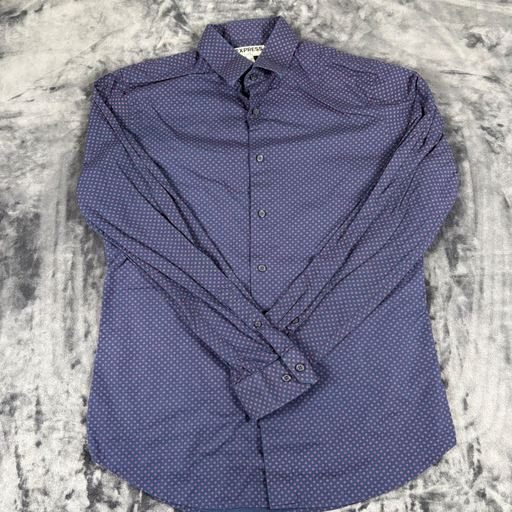 Express Button Up Shirt Mens M Blue Pink Micro Floral Slim Fit Long Sleeve